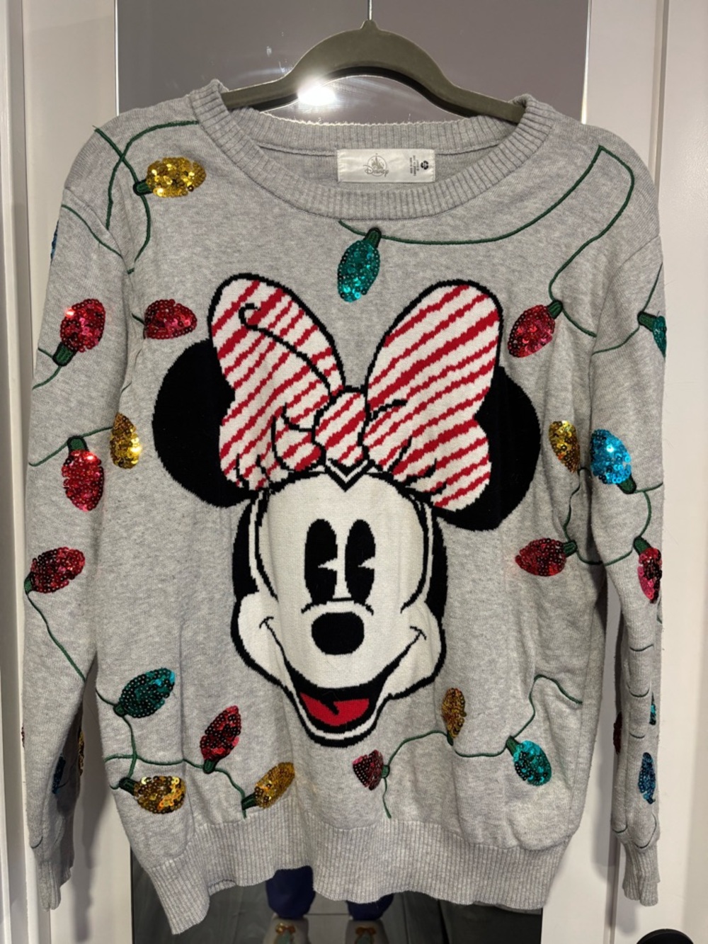 Disney Minnie Mouse Sequin Holiday Sweater - Gray with Red Bow